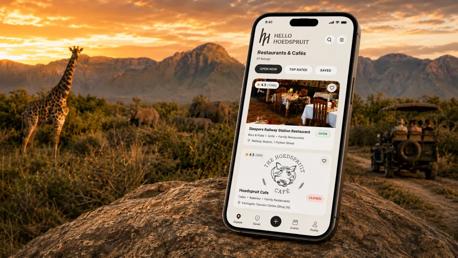 Hello Hoedspruit app on a phone showing local restaurant listings